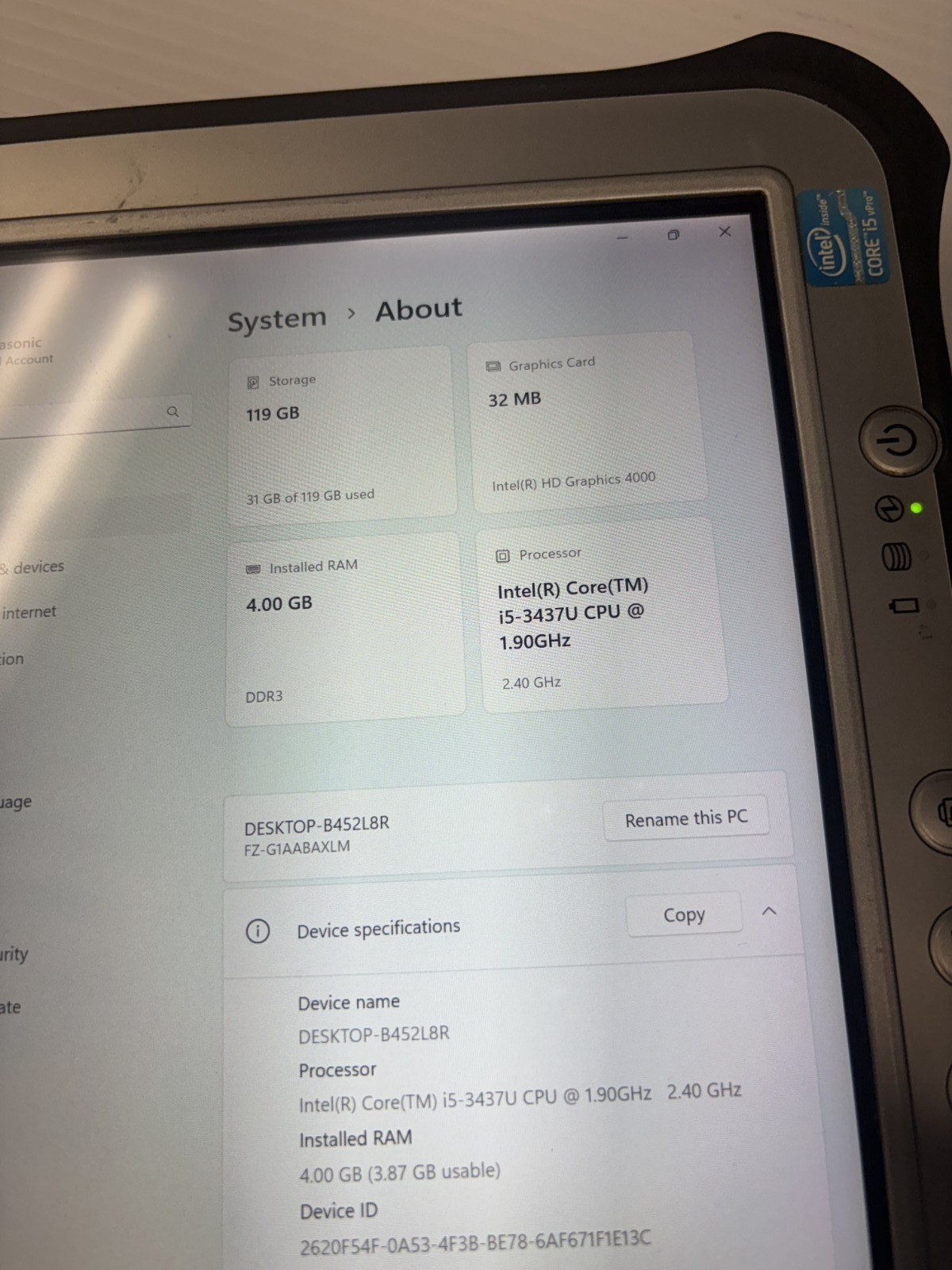 Panasonic Toughpad FZ-G1 I5-3437u