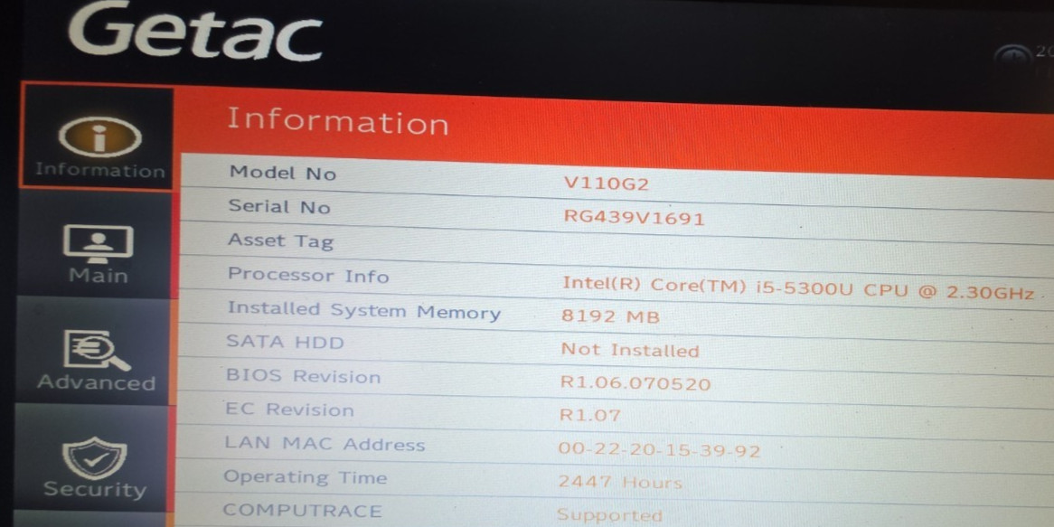 Getac V110 G2| 11.6″| Touch| Intel Core i5-5300U| 8GB RAM| No HDD|2,446 Hours