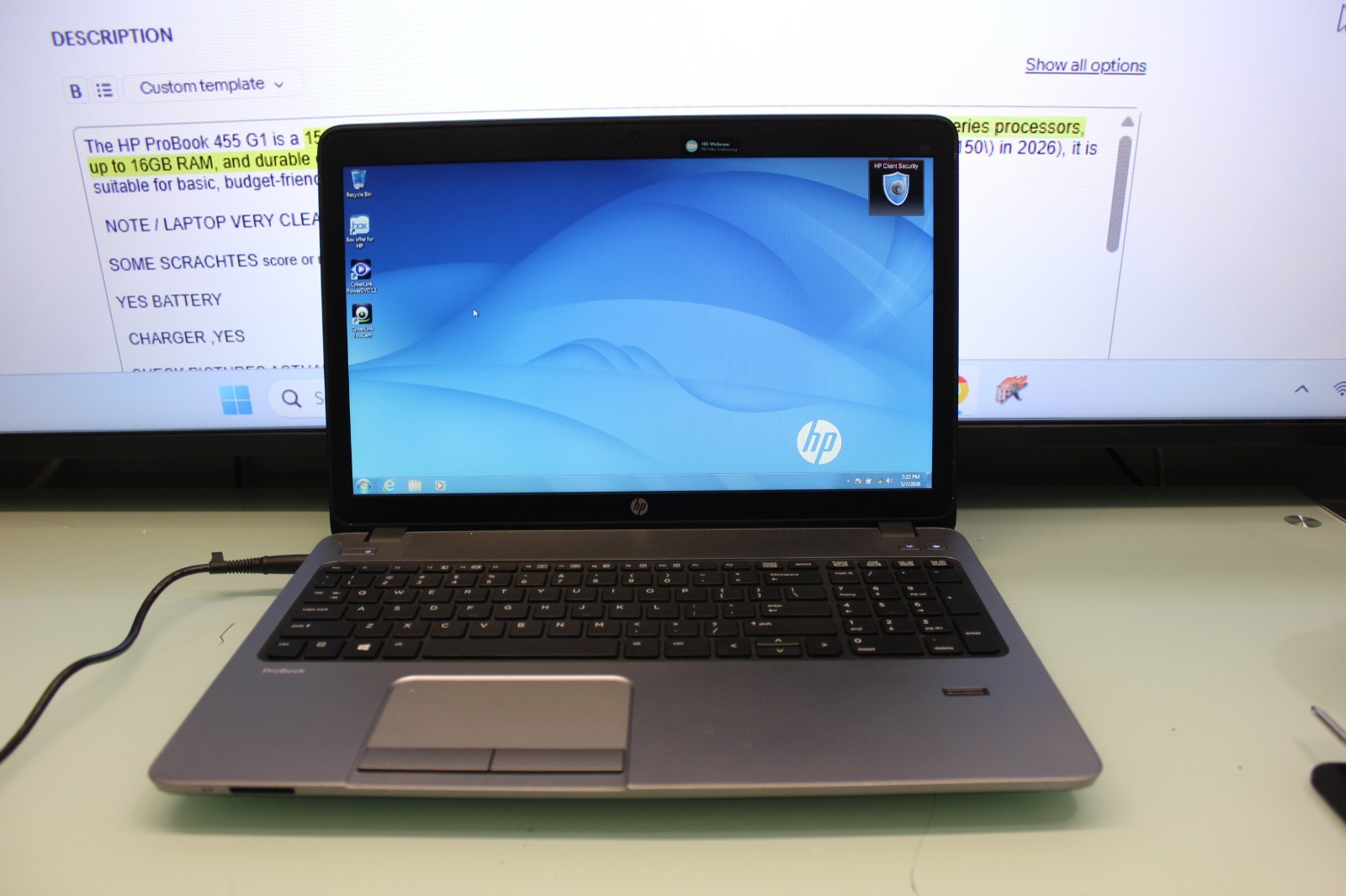 #67 HP ProBook 455 G1 15.6″ AMD A8-5550M @2.1GHz 4GB RAM 500GB HDD WINDOWS 7 PRO