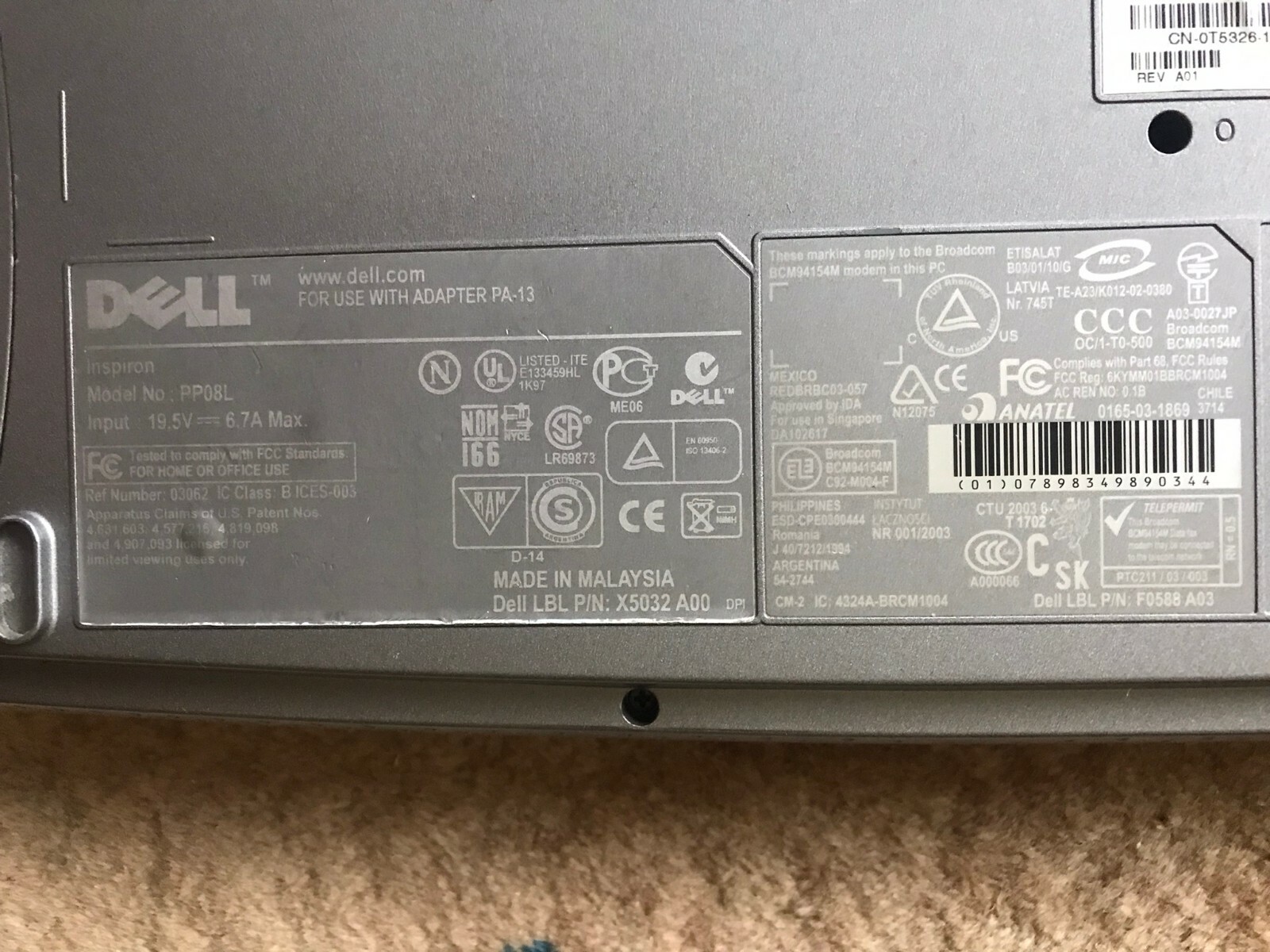 Dell Inspiron Model PP08L No Hard Drive, No power/Charging Cable for Parts Only