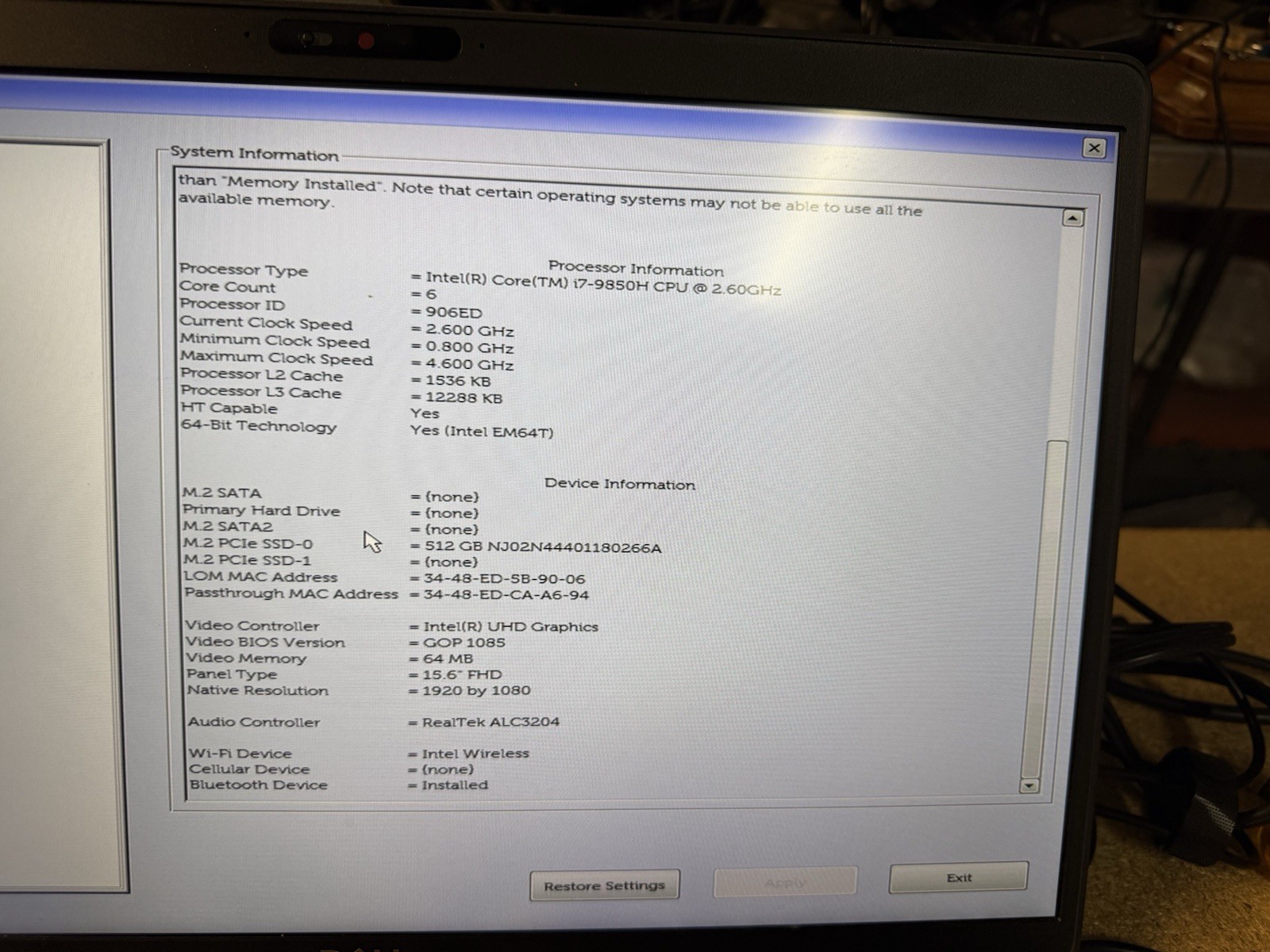 Dell Latitude 5501 w/ Intel Core i7-9850H 2.60GHz 16GB RAM 512GB NVMe PWR NO OS