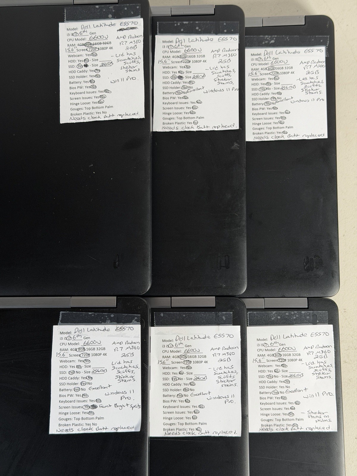 Lot of 6 Dell Latitude E5570 i7-6600U 8GB 256GB SSD Radeon R7 Win11P No Chargers