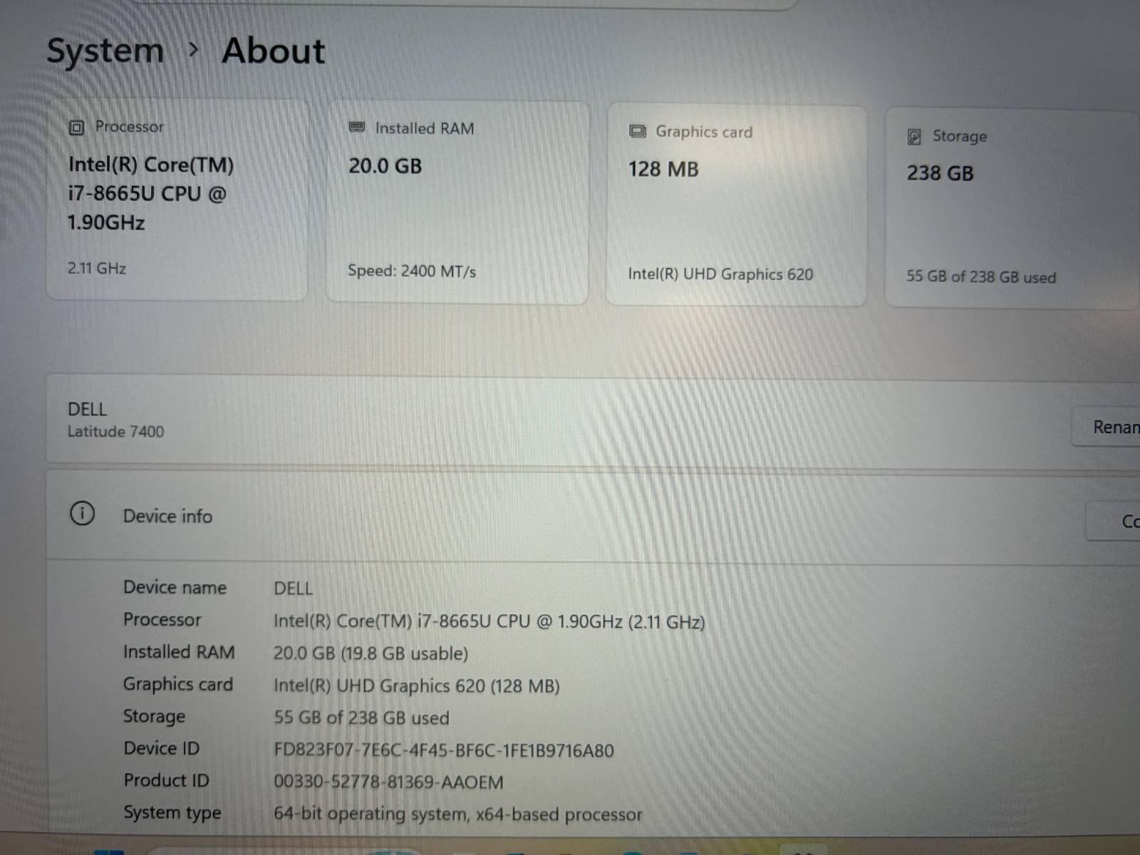 Latitude 7400, 14 Inch Screen, i7-8650U 1.90 GHz, Intel(R) UHD Graphics 620