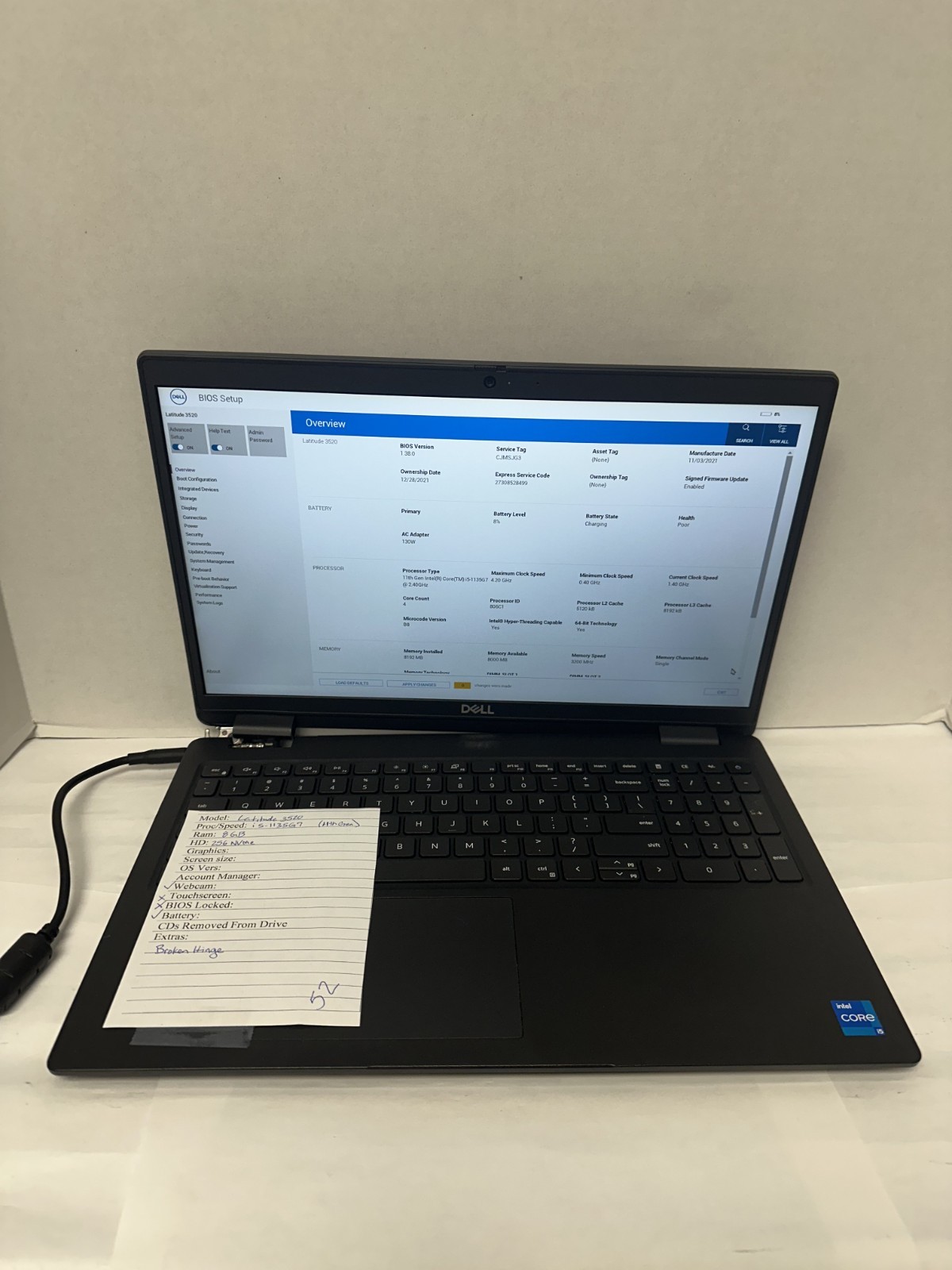 Dell Latitude 3520 i5-11th Gen/8GB RAM 256 NVME (No OS or Charger) Read Desc.