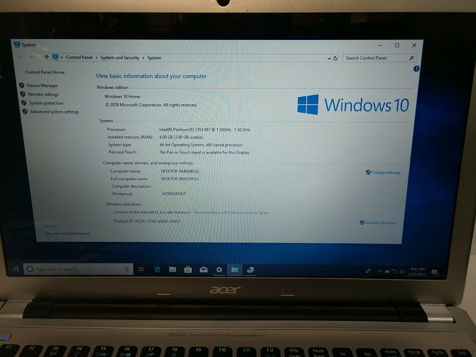 Acer Aspire V5-531 Intel Pentium 987 1.5GHz 4GB 500GB HD DVD BT Win10 *FOR PART*