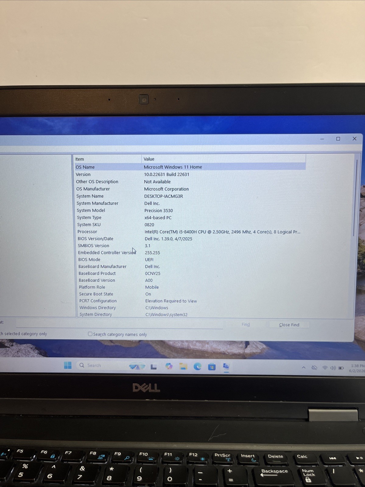 Dell Precision 3530 i5-8400H 2.50GHz 8/512GB Win11H UHD630 15.5″ *read* #310