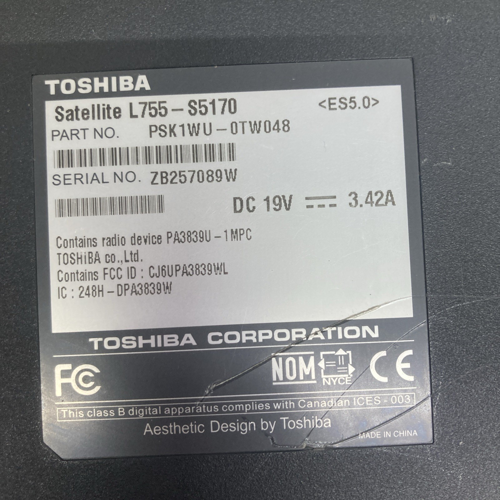 Toshiba Satellite L755-S5170 Intel i5-2450M 6GB 2.50GHz Boot to BIOS