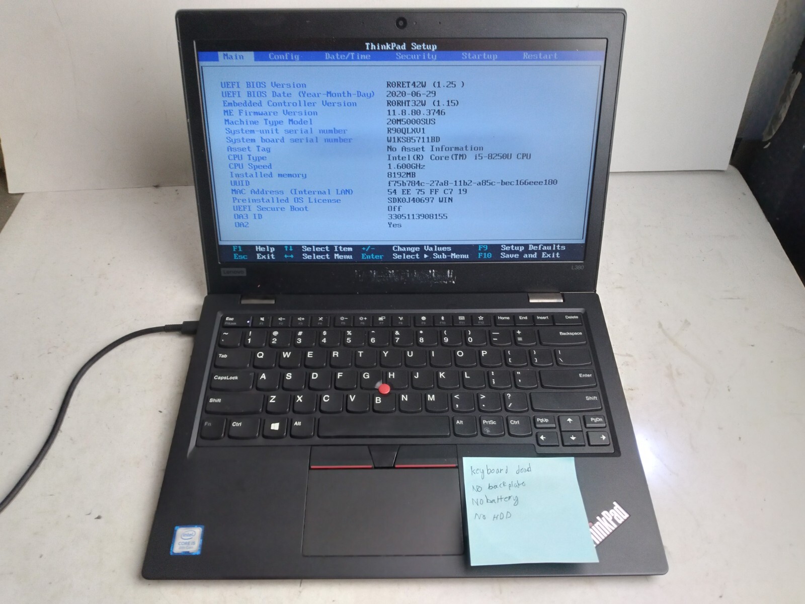 LENOVO THINKPAD L380 YOGA w/i5-8250U, 8GB RAM, 13.3″ Laptop for Parts & Repair