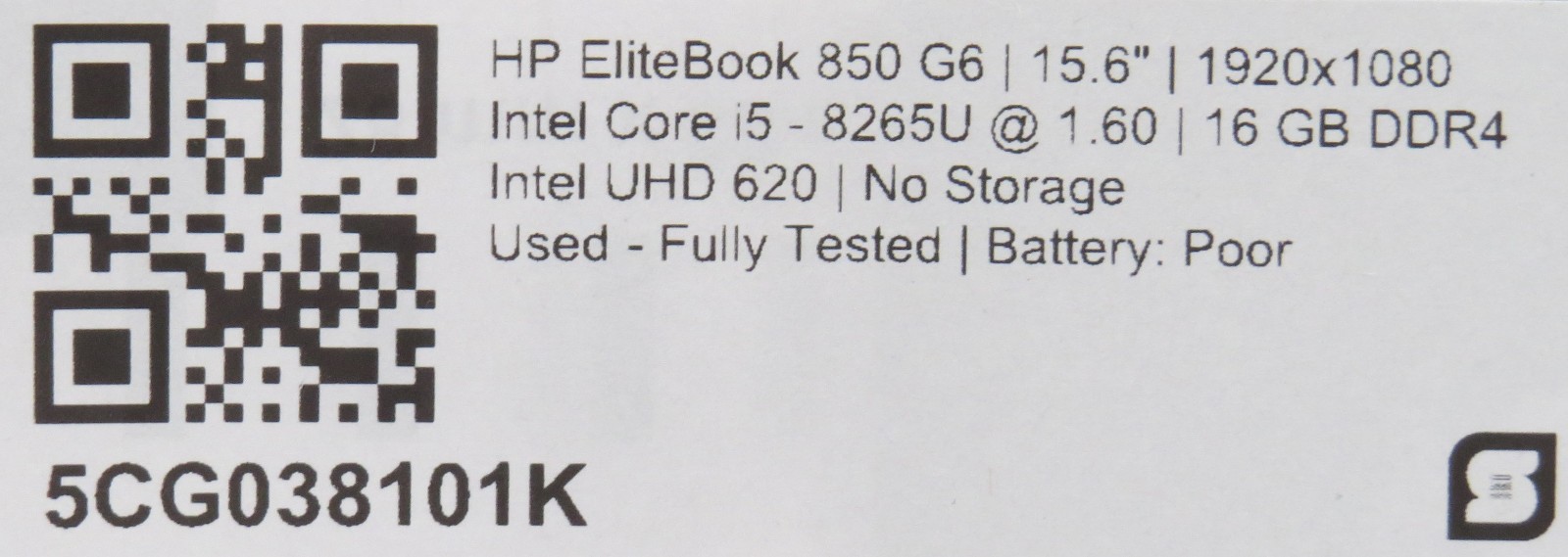 HP EliteBook 850 G6 | i5-8365U @ 1.6GHz | 16GB DDR4 | 15.6″ | No HD/OS/AC