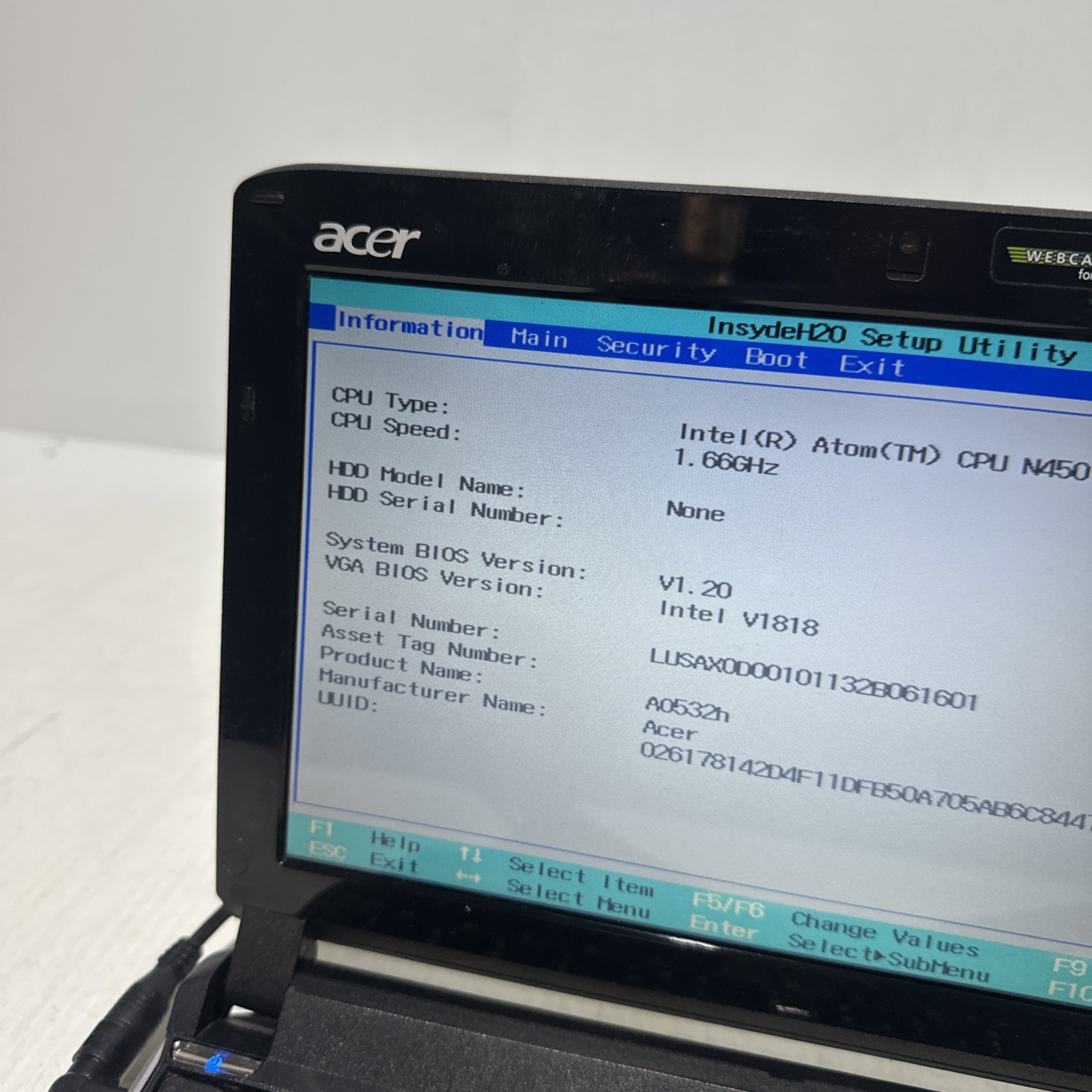Acer Aspire One Intel Atom N450 2gb Ram No Drives Boots Bios