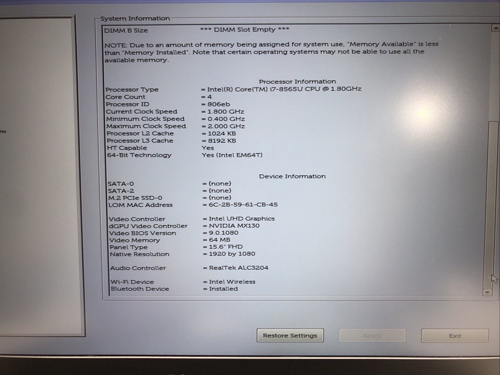 Dell Vostro 5581, Intel Core i7-8565U @1.80GHz, Nvidia MX130, 8GB RAM, NO SSD/OS
