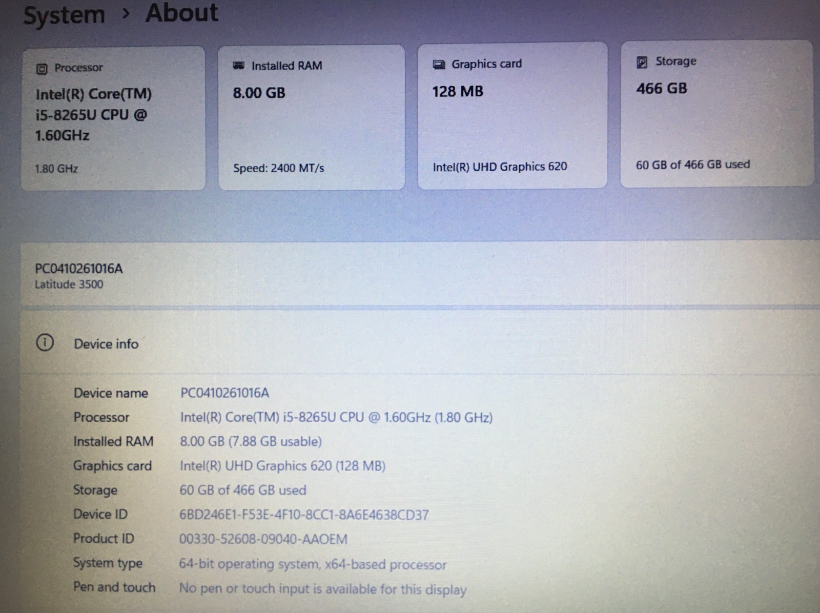 Dell Latitude 3500 FHD 15.6in i5-8265U 1.6GHz 8GB 500GB SSD Batt+Charger Win 11