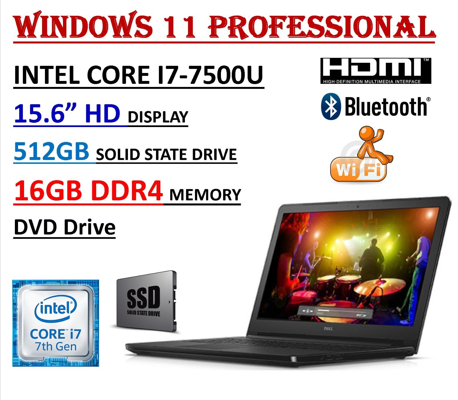 Dell i5566 15.6″ HD Laptop Intel i7-7500U 16GB RAM 512GB SSD DVDRW Win 11 Pro