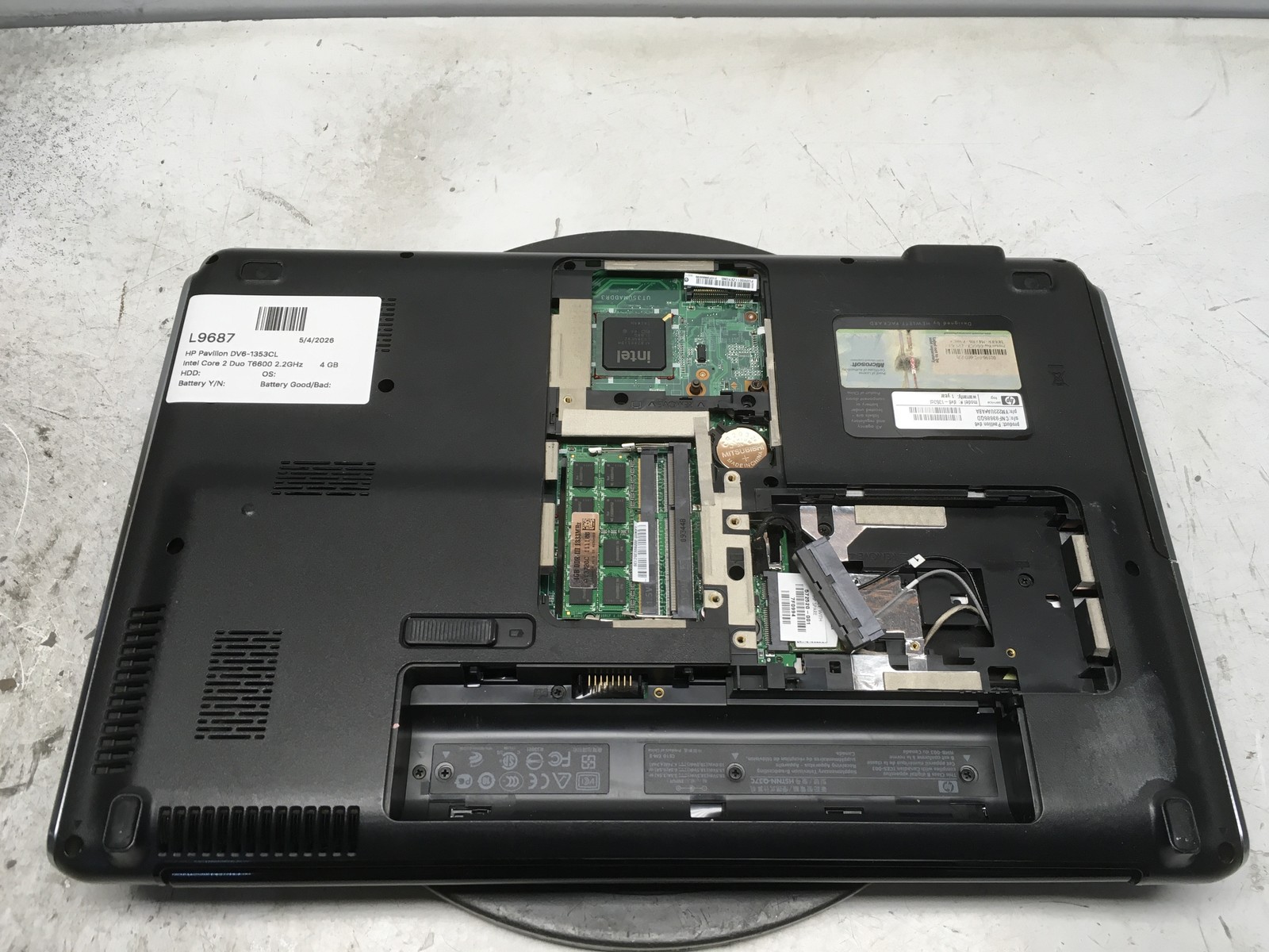 HP Pavilion DV6-1353CL Intel Core 2 Duo T6600 2.2GHz 4 GB NO HDD No Batt