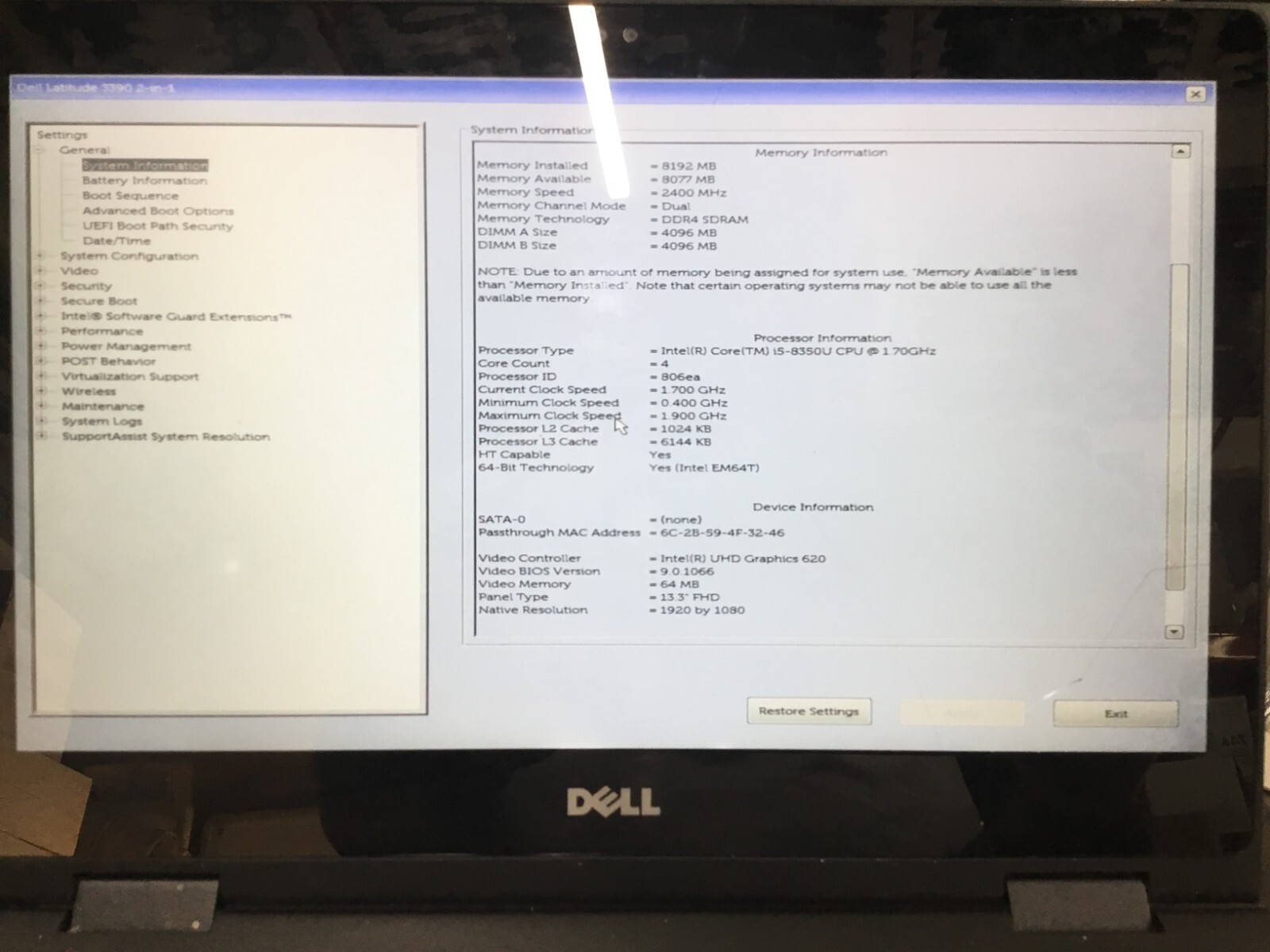 Dell Latitude 3390 2-in-1, i5-8350U 1.70Ghz, 8GB RAM, NO HDD