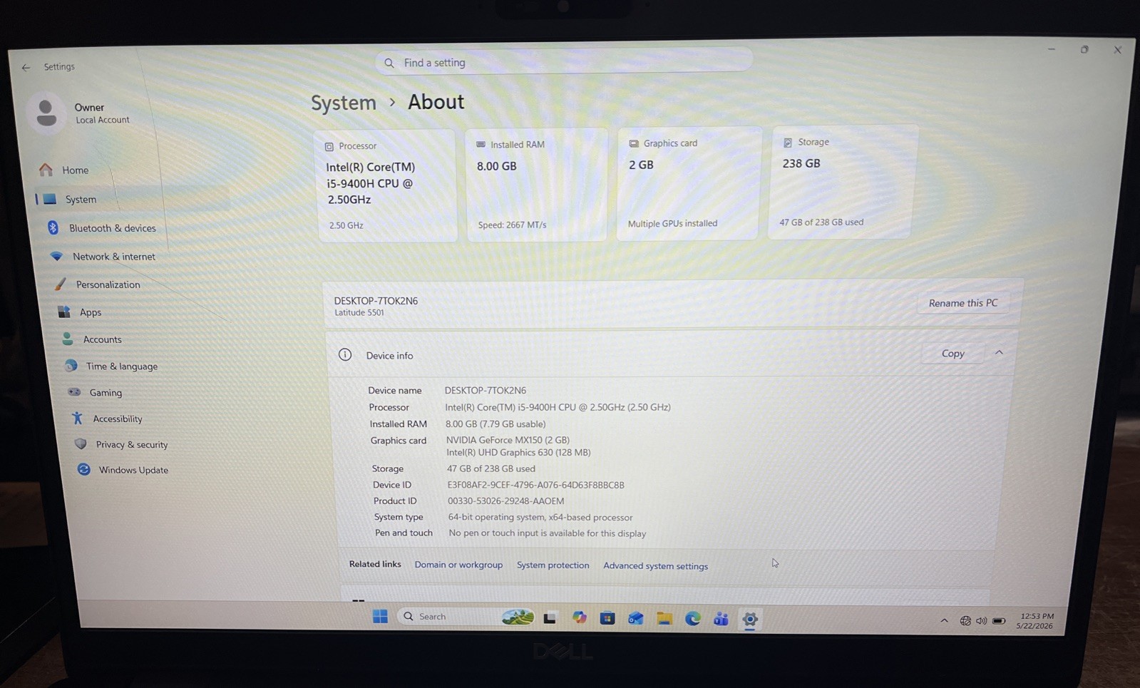 Dell Latitude 5501 15.6″ i5-9400H@2.5GHz, 8GB RAM, 256GB M2, Win 11 Pro *READ*