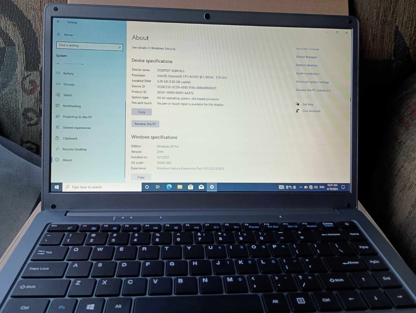 14″ INTEL CELERON N3350 WINDOW 10 PRO RAM 6 GB 64 BIT operation system OS BUILD