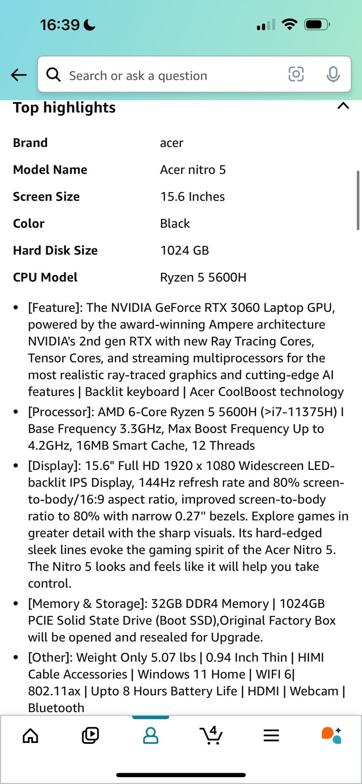 Acer Nitro 5 Premium Gaming Laptop, 15.6 Inch FHD 1440hz