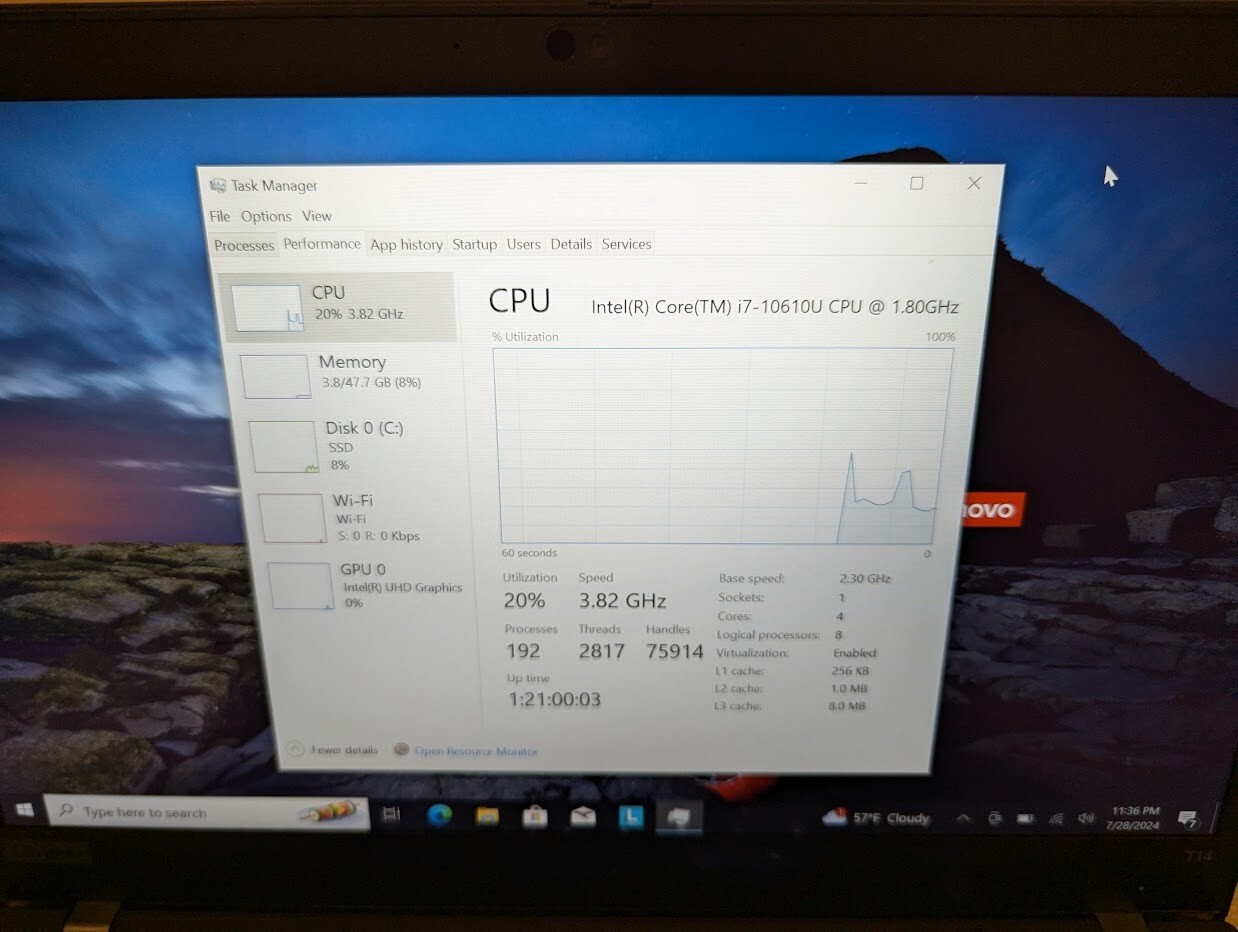 Lenovo T14 G1 i7-10610U 48GB RAM/500 GB SSD – Win 10 Pro TOUCHSCREEN Jan 25 WTY
