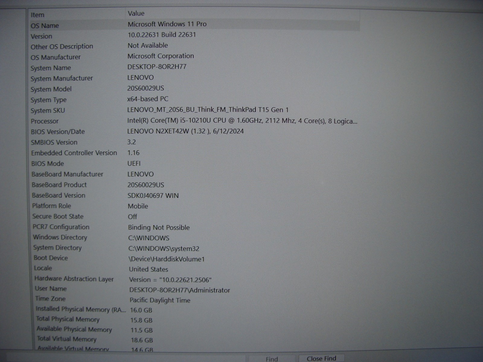 Lenovo ThinkPad T15 Gen 1 15.6″FHD Core i5-10210U 1.60GHZ 16GB 256GB Win 11 Pro