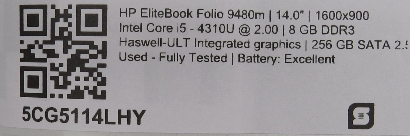 HP EliteBook Folio 9480m | i5-4310U @ 2.00GHz | 8GB DDR3 | 256GB SSD | No OS
