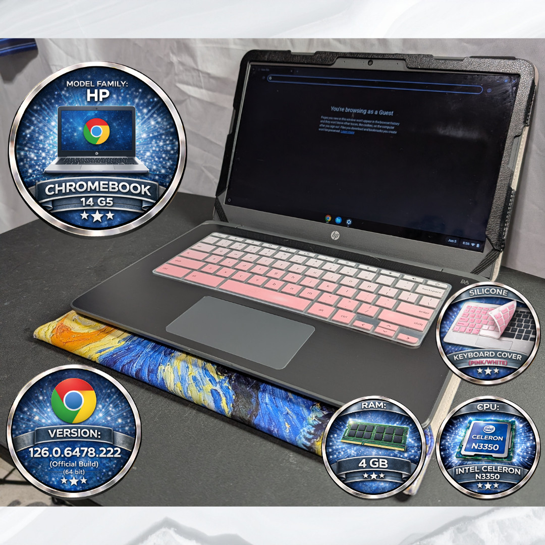 HP Chromebook 14-ca061dx Celeron N3350 4GB 32GB 14″ + Charger + Folio Case