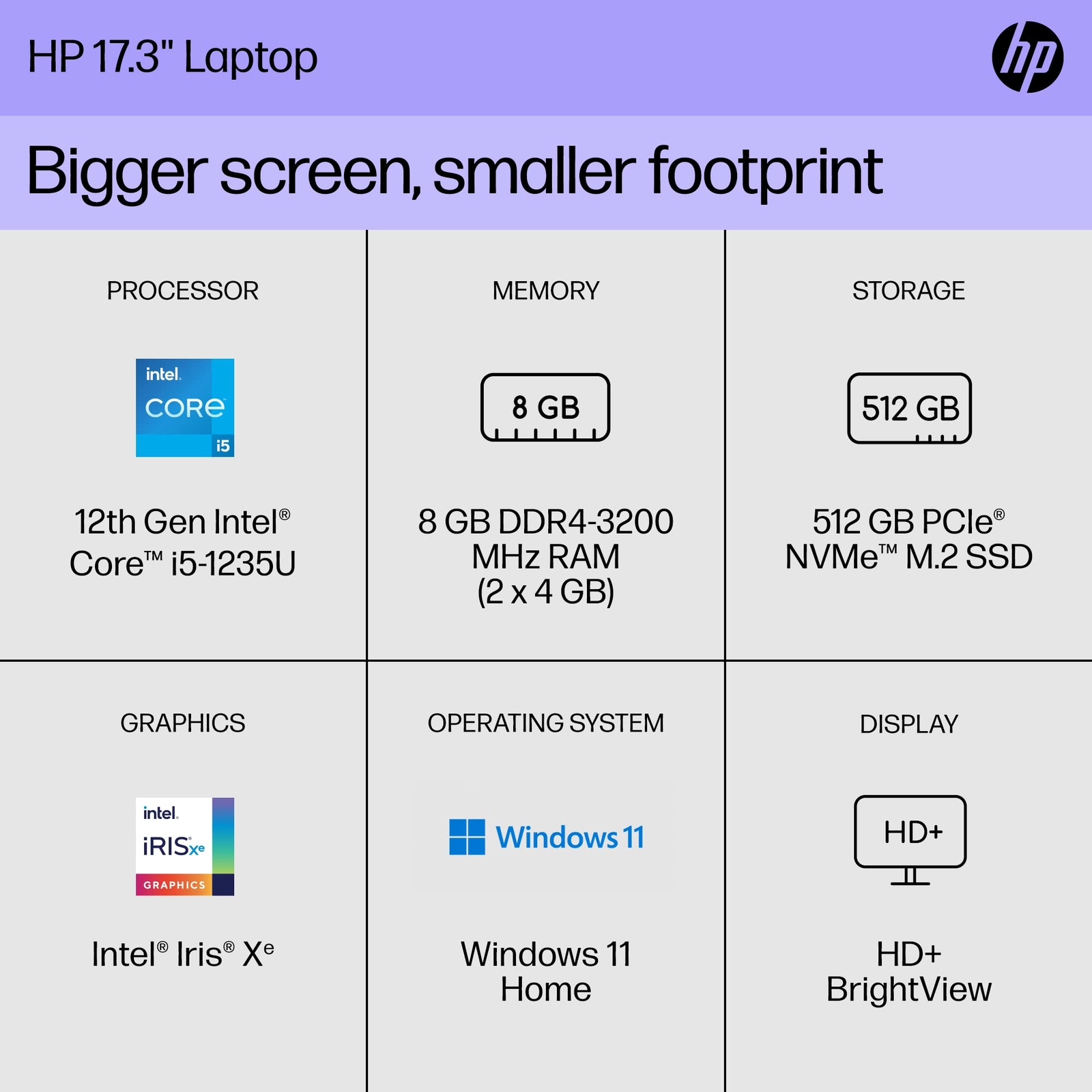HP 17″ Laptop 12th i5-1235U 8GB 512GB SSD Win 11 Home 17-cn2099nr (2023),Silver