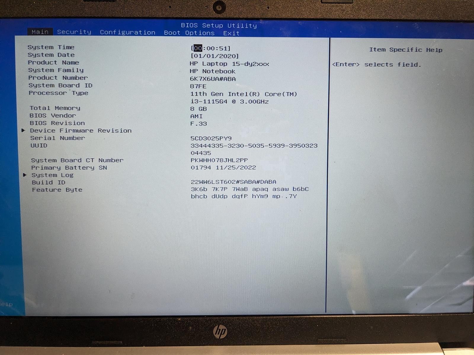 HP LAPTOP 15-DY2702DX i3-1115G4 @ 3.00GHz, 8GB RAM, NO HDD/OS