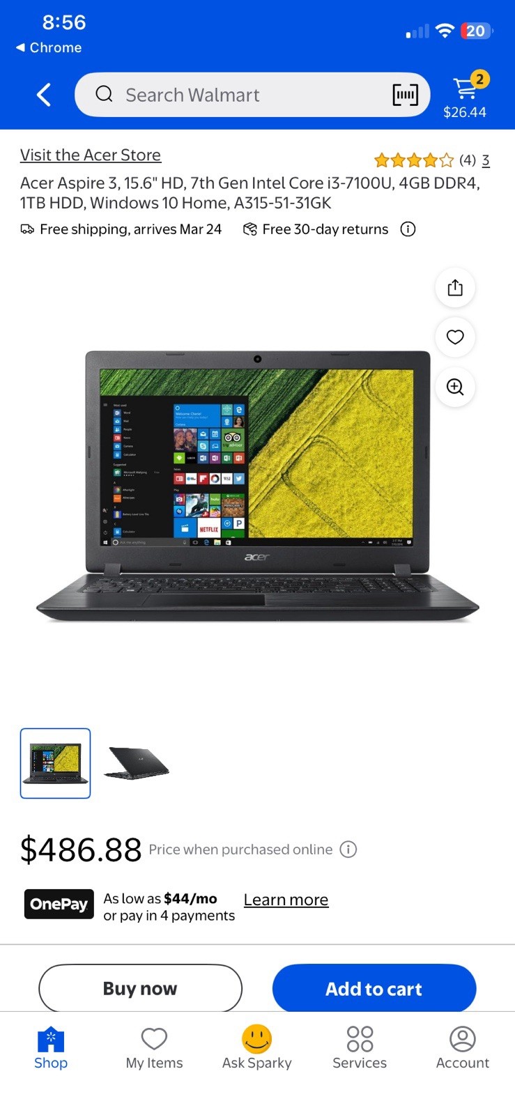 Acer Aspire 3 A315-51-31GK 15.6″ Laptop i3-7100U 4GB 1TB EXCELLENT CONDITION