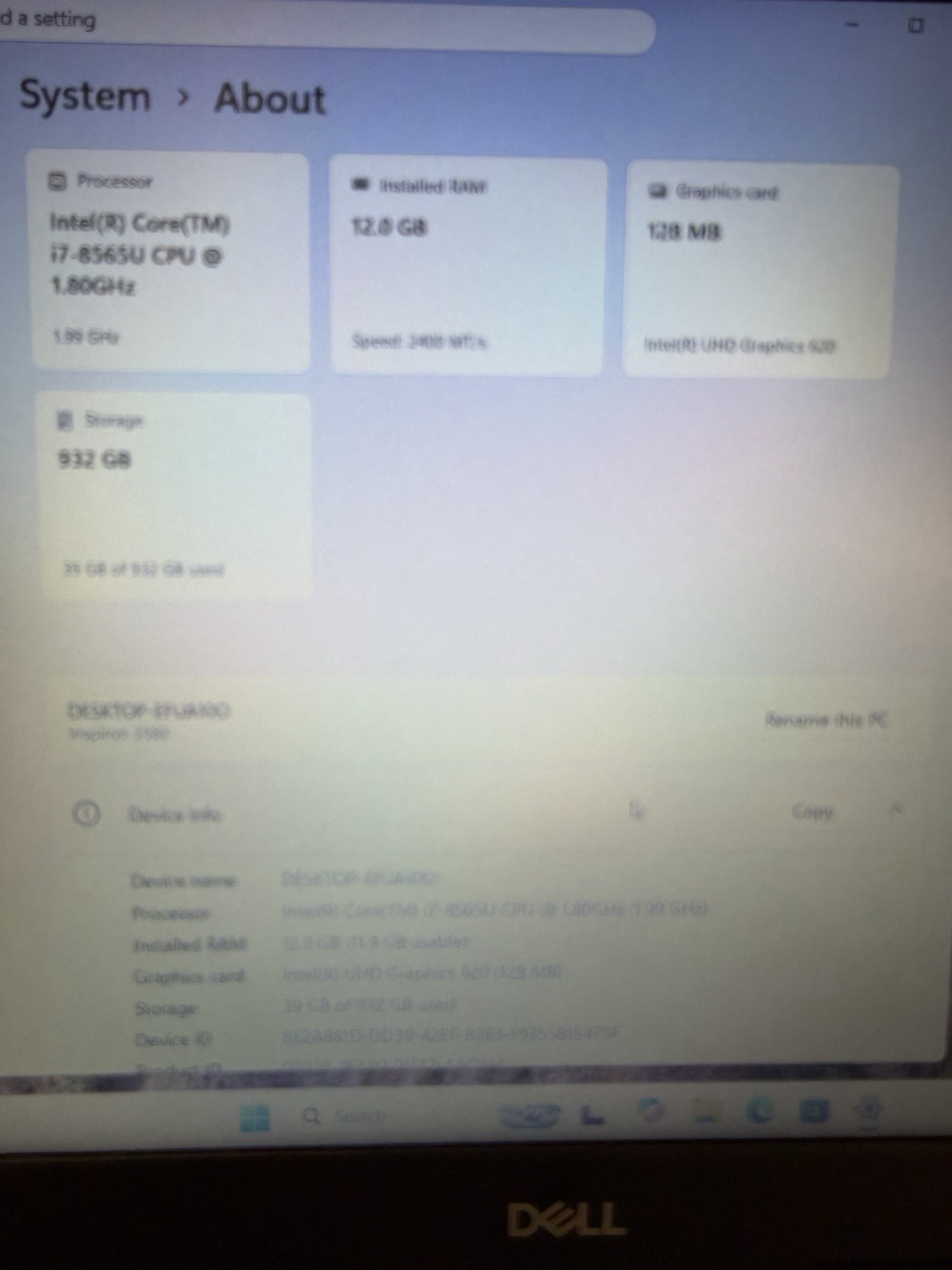 Dell Inspiron 15 i7 8th Gen 12GB RAM 1TB HDD Windows 11 Home W/ Charger