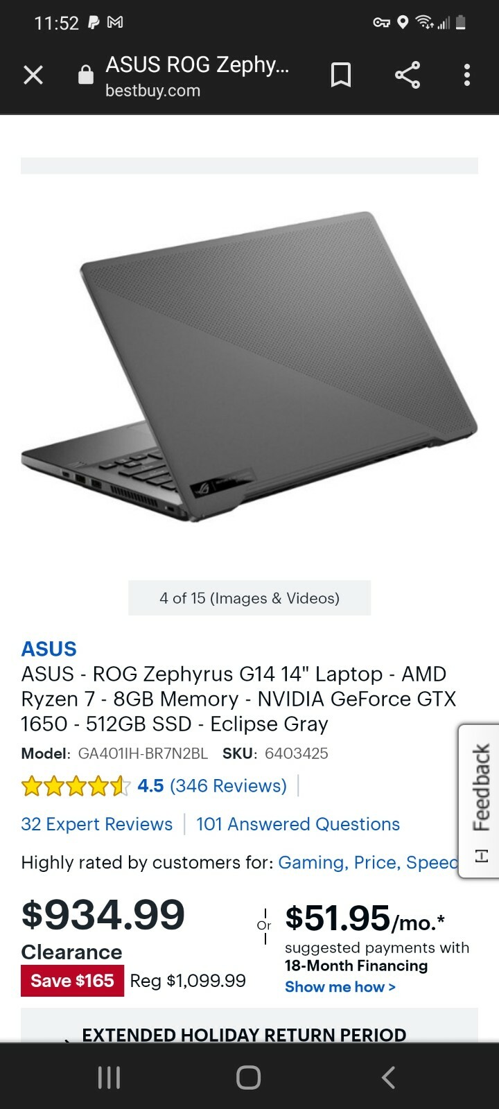 ASUS Rog Zephyrus G14 14″ (512GB SSD, AMD Ryzen 7, 2.40GHz, 8GB RAM,NVIDIA GeFo…