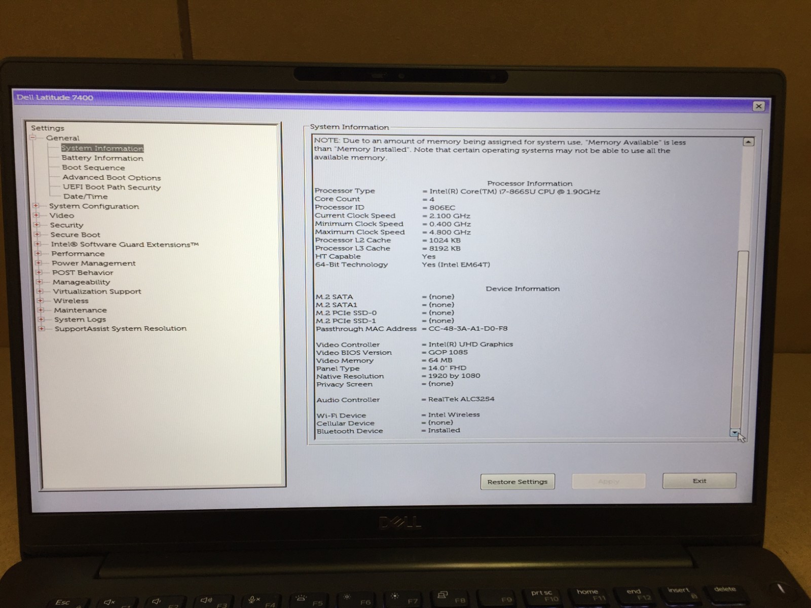 Dell Latitude 7400 14″ FHD Laptop Core i7-8665U 1x16GB RAM No SSD w/AC Adapter