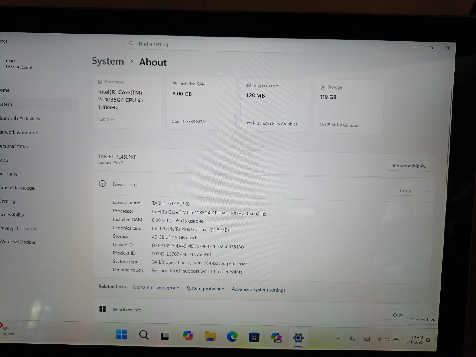 Microsoft Surface Pro 7 1866 i5-1035G4 8GB RAM 128GB SSD W11H Excellent!