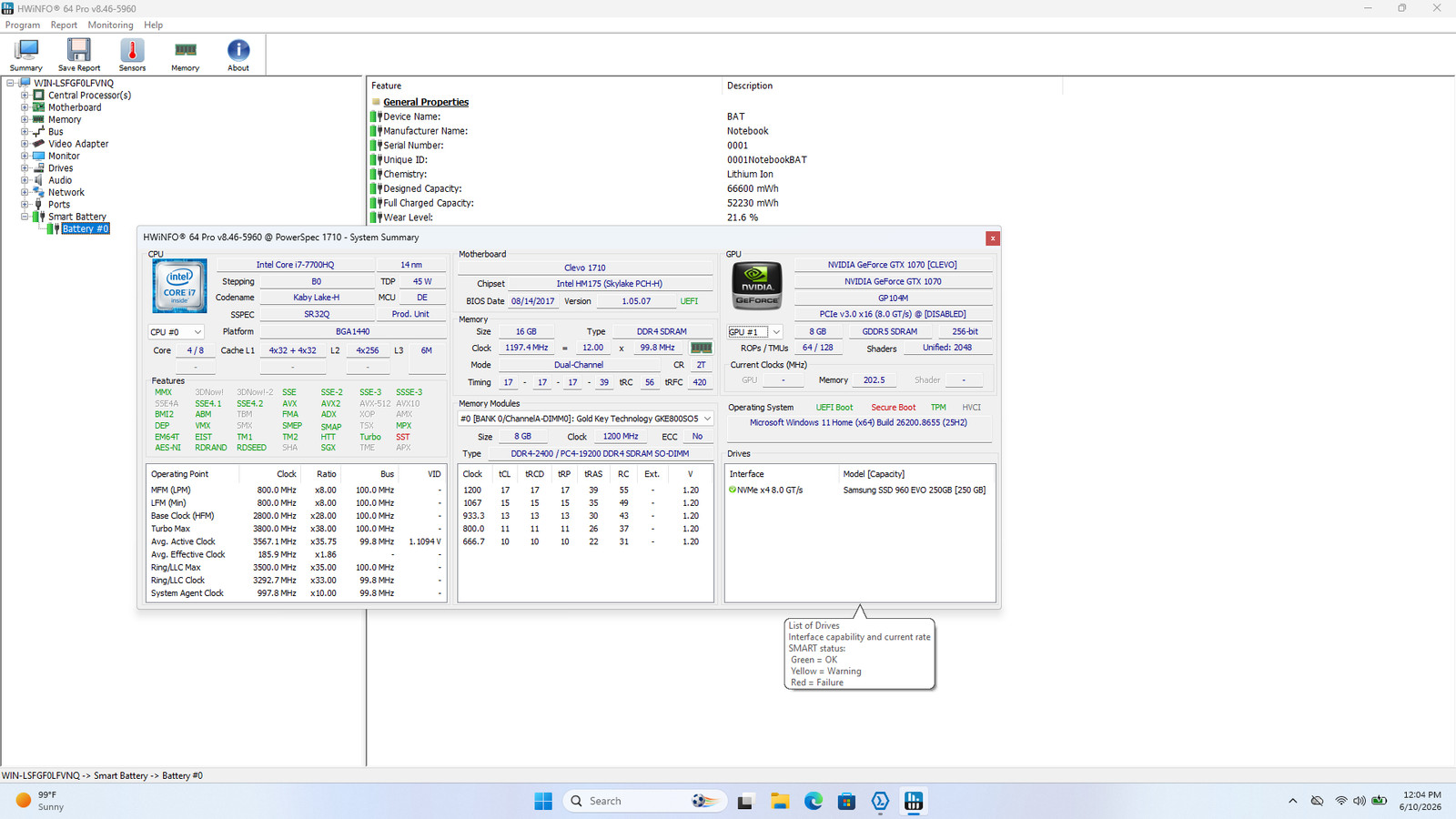 PowerSpec 1710 17.3″ FHD i7-7700HQ GTX 1070 16GB 256GB SSD Win11