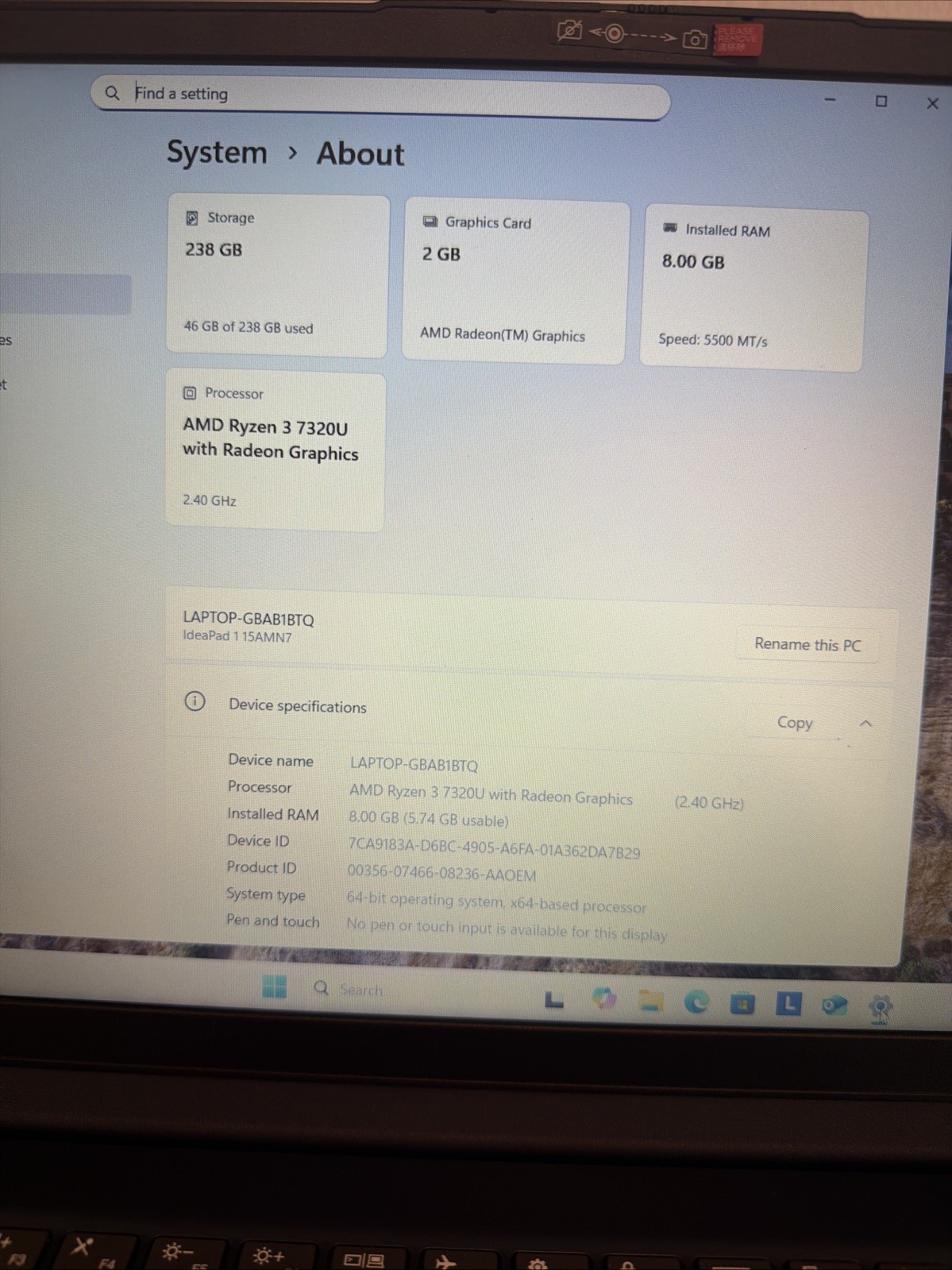 Lenovo IdeaPad 1 15AMN7 AMD Ryzen 3 7320u 8GB 256GB SSD Windows 11Home