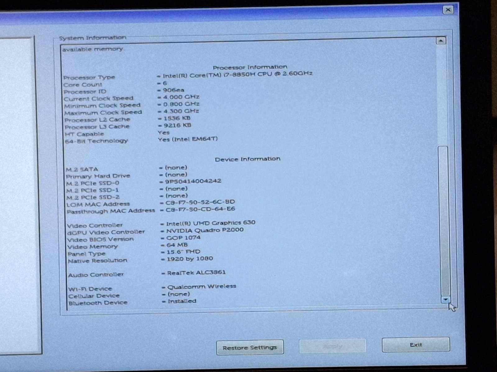 Dell Precision 7530 i7 8850H @ 2.60 GHz 512 GB 32 GB Webcam 15.6″ FHD Win 10 Pro