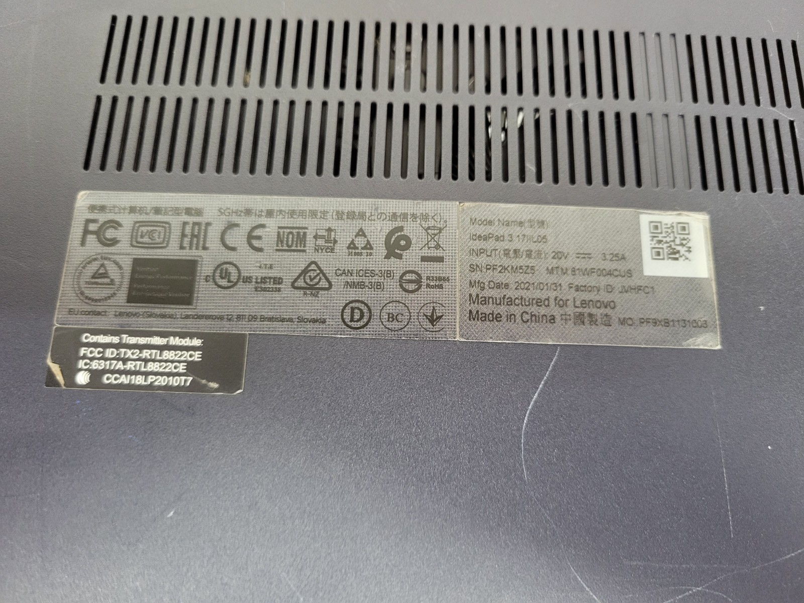 Lenovo IdeaPad 3-17IIL i5-1035G1 4GB RAM *AS IS/No HDD/No OS/BIOS* | LP457