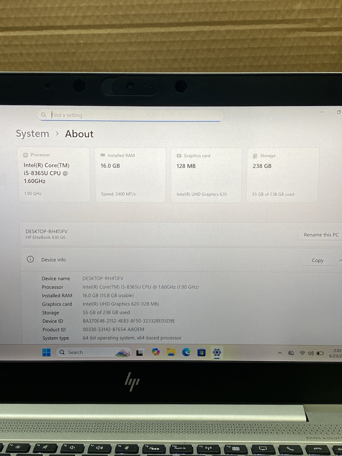HP EliteBook 830 G6 Core i5-8365U @ 1.60GHz 16GB RAM 256GB SSD Windows 11 Pro