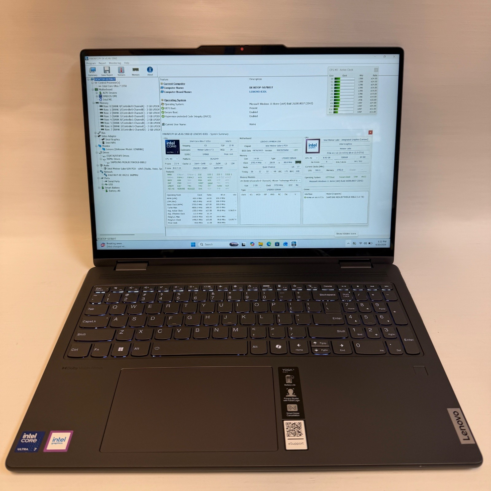 Lenovo Yoga 7i 2-in-1 16″ 2K Touchscreen Laptop, Ultra 7 155U, 16GB, 1TB SSD
