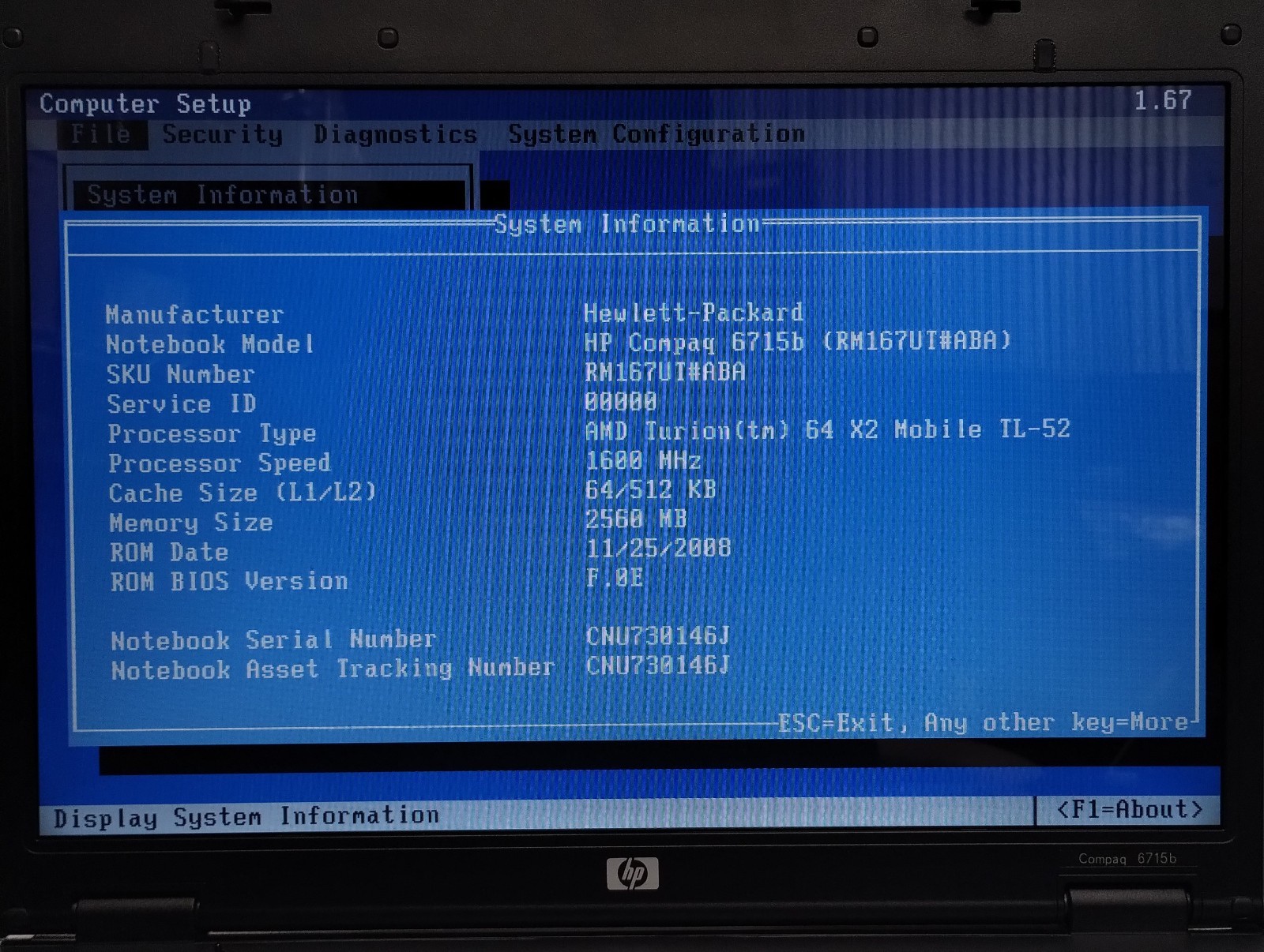 HP Compaq 6715b 15.4″ Laptop AMD Turion 64 X2 4GB RAM 250GB HDD Boots/Bios H4053