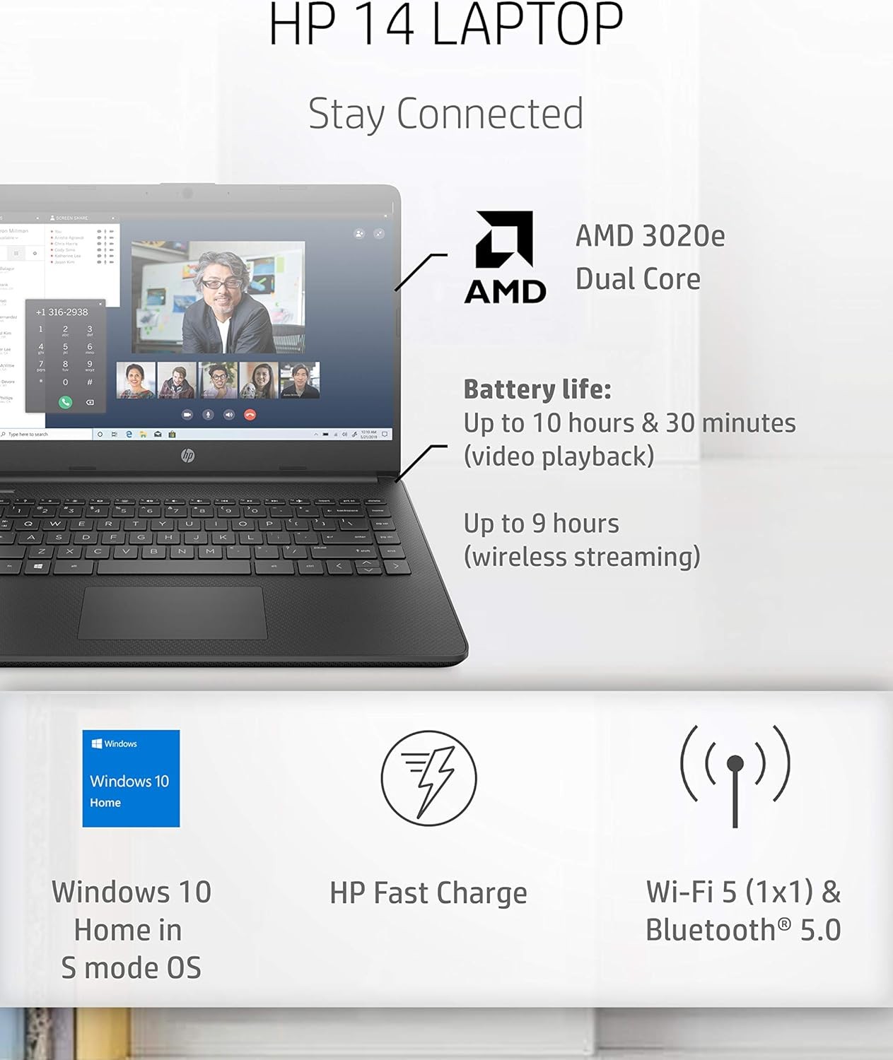 HP 14 HD Laptop AMD 3020e 4 GB RAM 64 GB eMMC Storage Windows 10 Home
