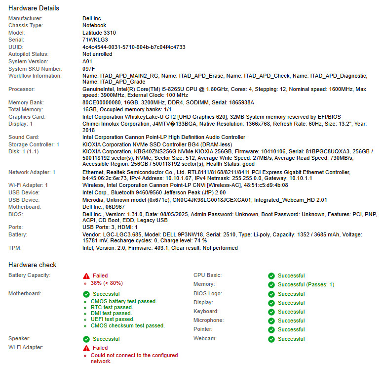 Dell Latitude 3310, i5-8265U CPU, @ 1.60GHz, 16GB RAM, 256GB NVMe-No OS/Adapter