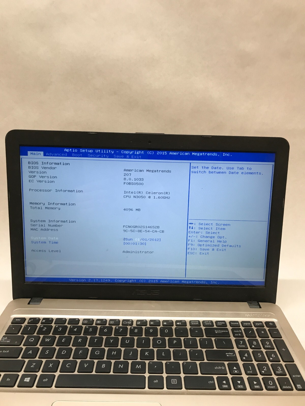 Asus X540S 15″ Laptop Celeron N3050 1.6GHz 4GB RAM NO HDD/OS BAD KB For Parts DW