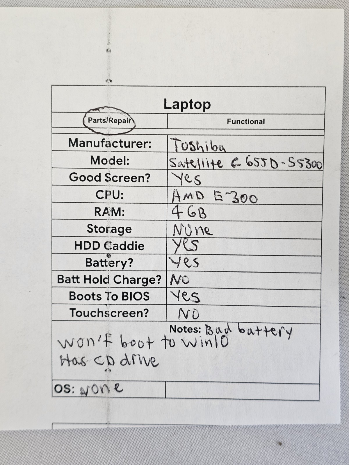 Toshiba Satellite C655D-S5300 Laptop – AMD E-300 – 4GB RAM – BAD BATT Parts READ