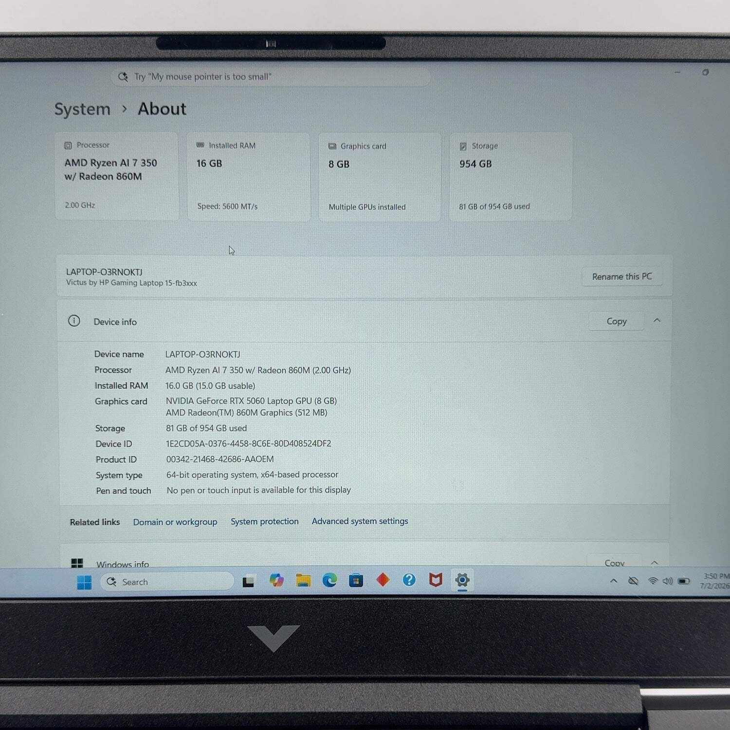 HP Victus 15-FB3001NR Ryzen AI 7 350 2.0GHz 16GB RAM 1TB SSD GeForce RTX 5060