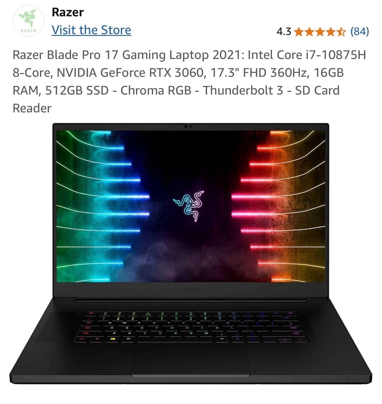 2021 Razer Blade Pro 17, Intel Core i7-10875H 8-core, NVIDIA GeForce RTX 3060