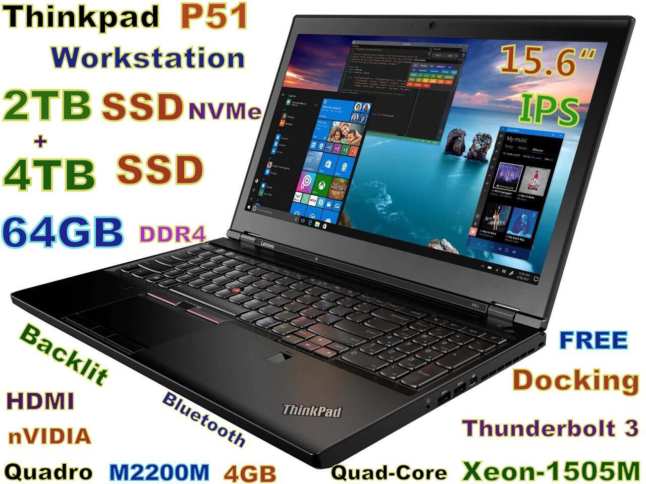 Workstation Lenovo P51 Xeon 1505M 6TB NVMe SSD 64GB 15.6″ 4K IPS M2200M-4GB Dock