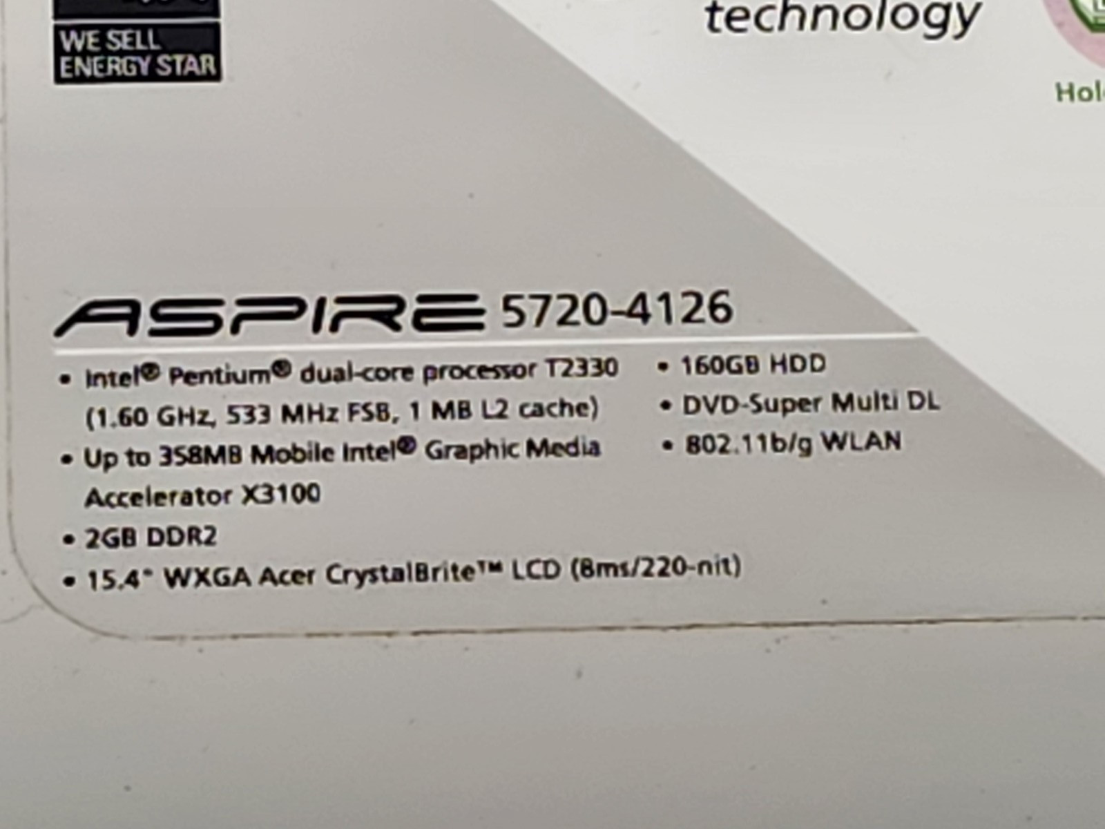 Acer Aspoire 5720 Laptop Windows Vista Home Premium DVD RW