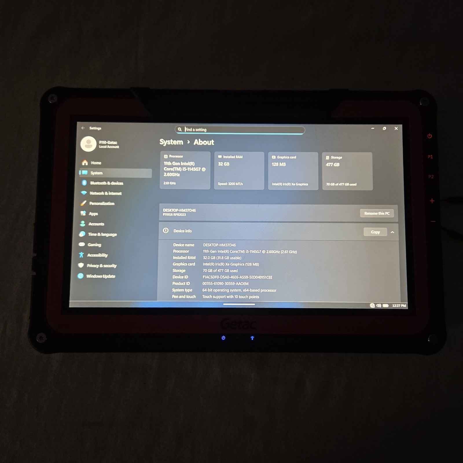 Getac F110 G6 Rugged Tablet i5-1145G7 2.60GHz 512GB SSD 32GB RAM – 4G – Grade A