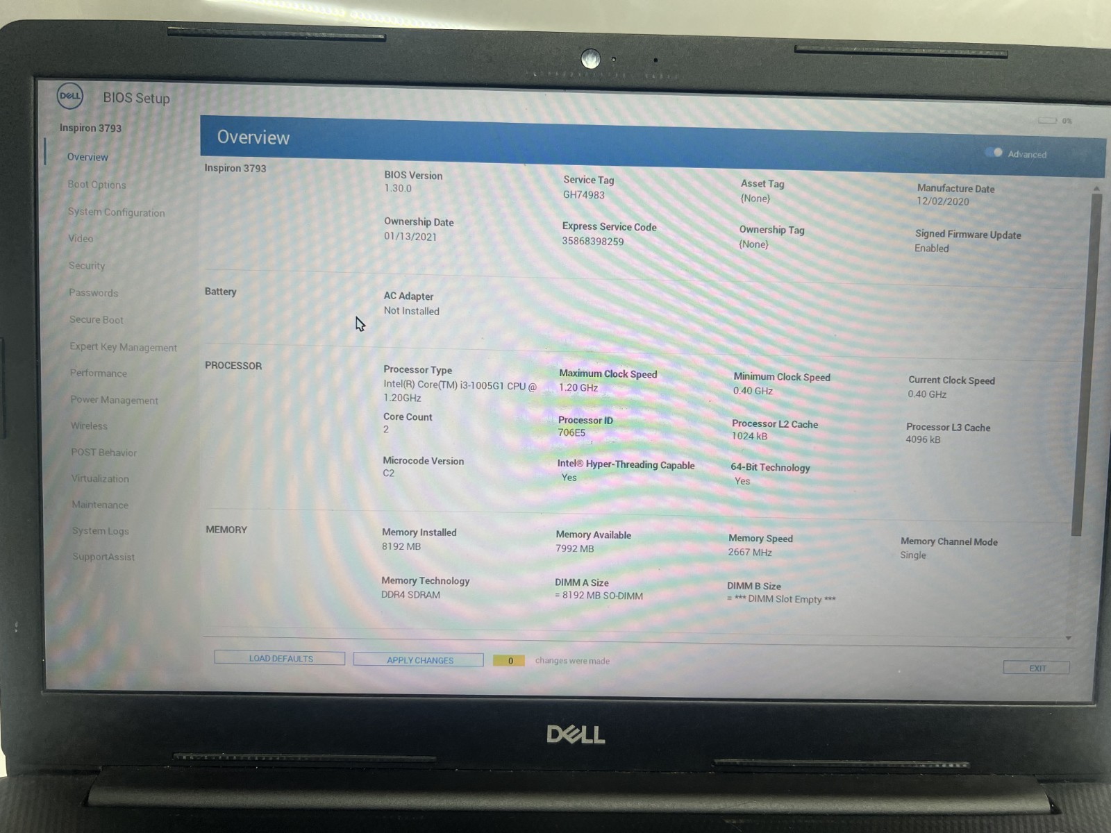 DELL INSPIRON 3793 i3-1005G1 @ 1.20GHz 8GB RAM NO OS/SSD WCHARGER *READ